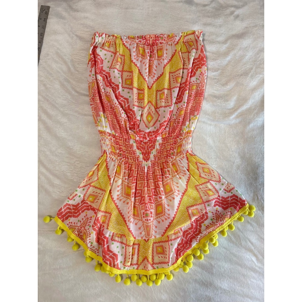 Ramy Brook Strapless Romper Geometric Tribal Print Pom Pom Trim Orange Yellow